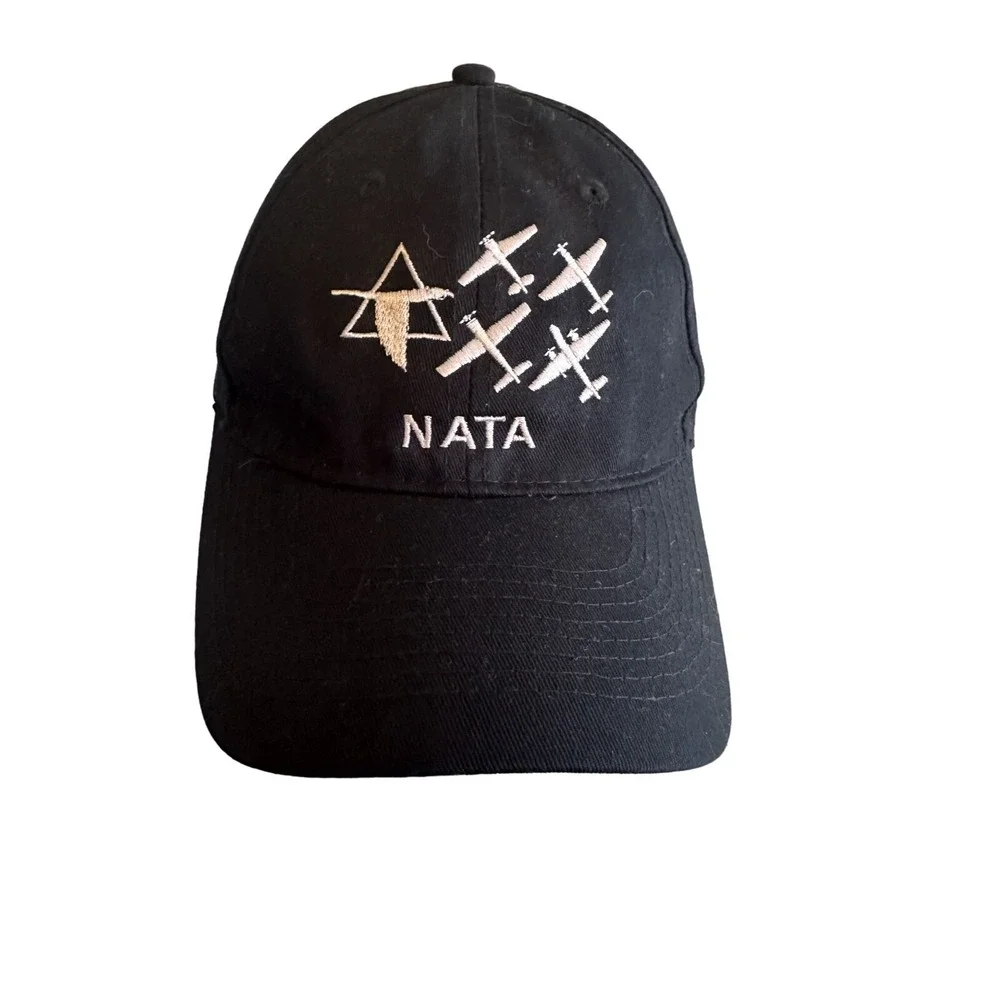 NATA Black Baseball Cap With Embroidered Airplane Design Adjustable Fit Port & C